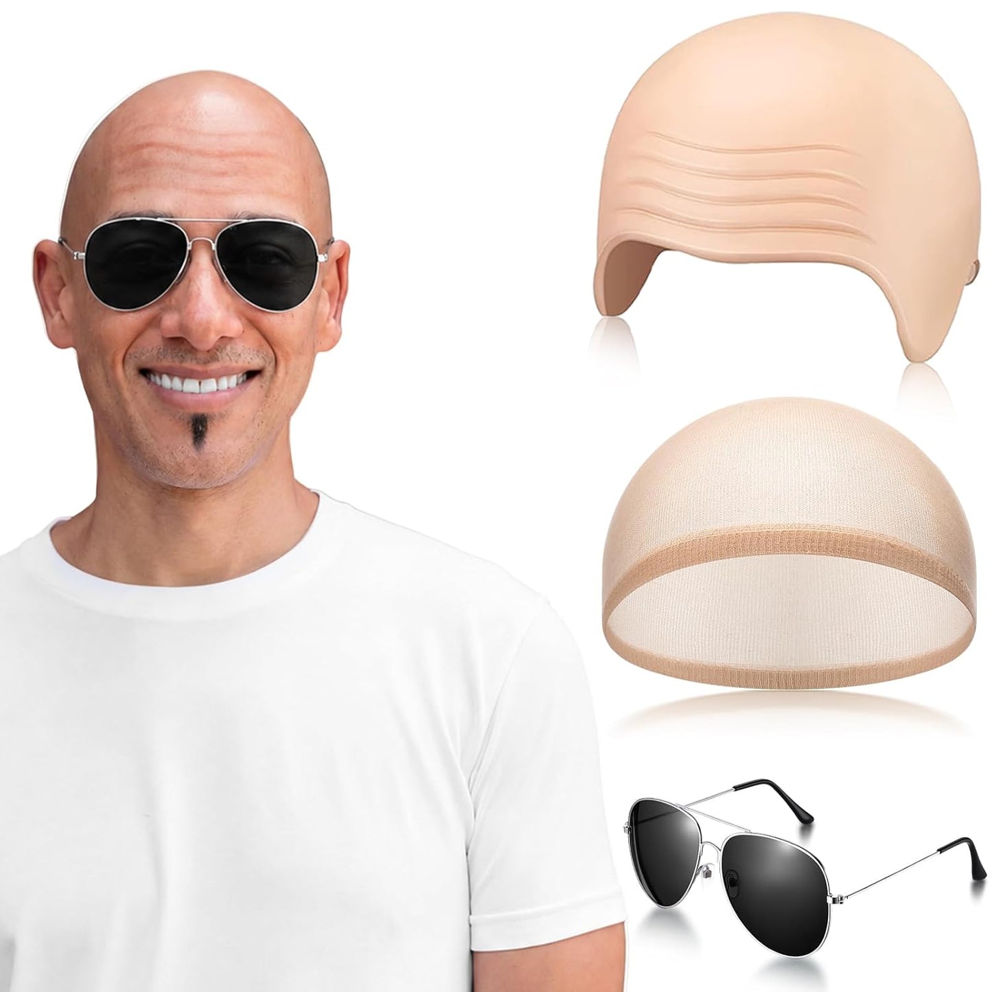 Bald Cap Set with Sunglasses - 3 Pcs Makeup Wig Cap for Halloween Cosplay | Unisex Costume Accessories