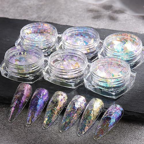 Opal Flakes Set-1 - Iridescent Chrome Nail Powder & Holographic Glitter for Nail Art, 6 Boxes