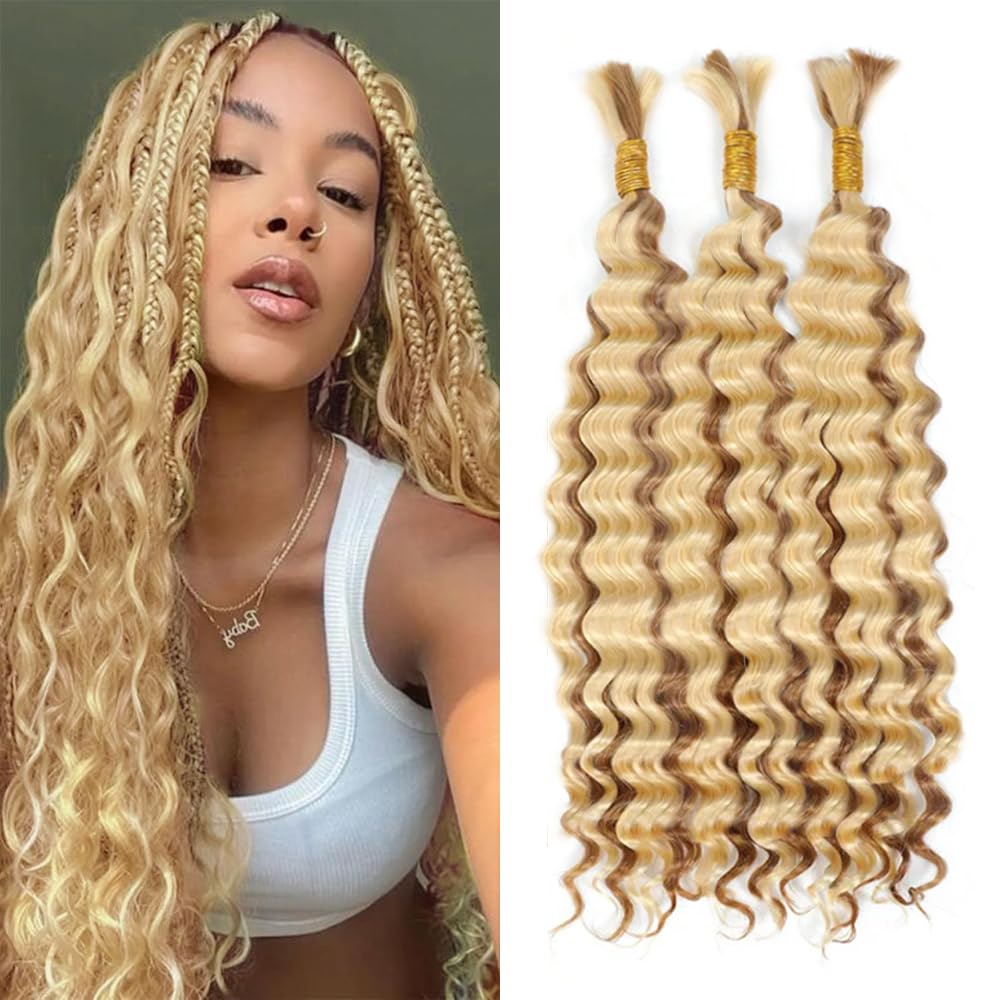 LadrXadr 613 Boho Human Hair Braiding 27/613 Blonde Boho Human Hair For Braiding Color 613 Highlight Blonde Deep Curly Wave Braids Ombre Color 613 Braids 14 14 14 Inch