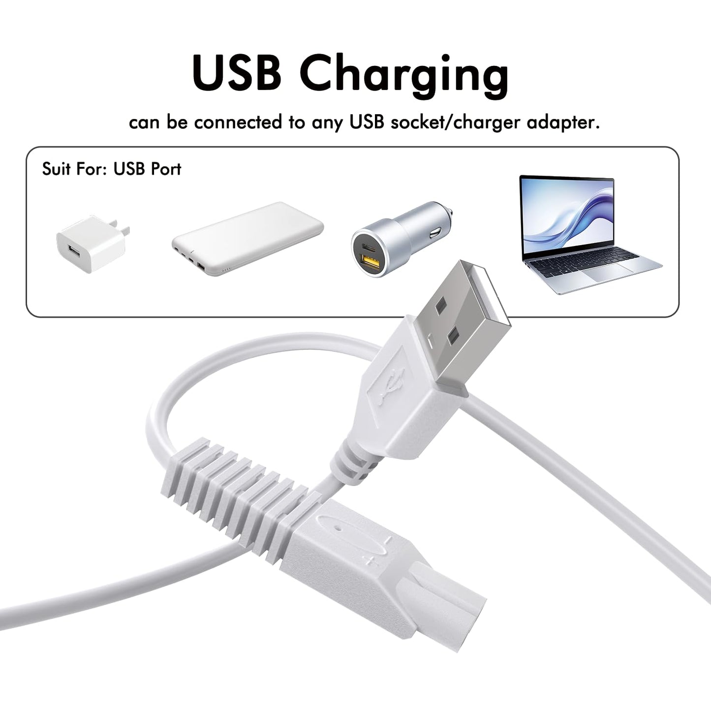 2 Pack USB Charging Cable for Remington Electric Shaver Model WDF5030A, WDF4816NA, WDF4821US, WDF4825 Only– Women’s Electric Shaver & Trimmer Replacement Charger Cord, White