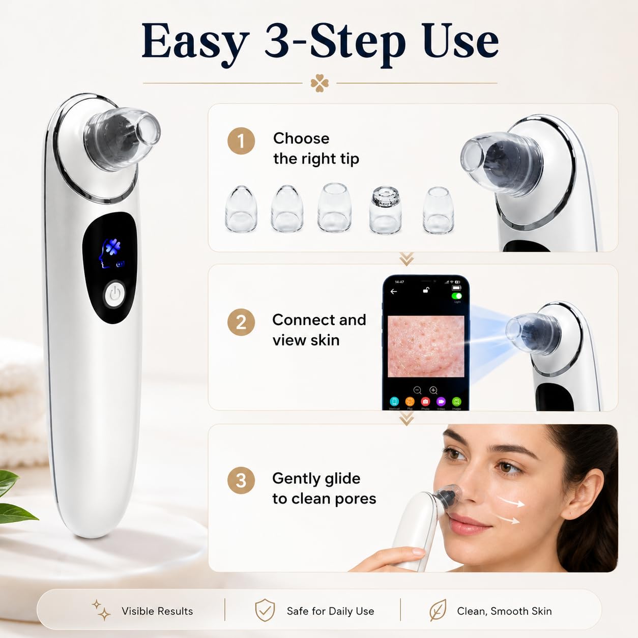 2026 Blackhead Remover with Camera, Pore Vacuum Cleaner with USB, Facial Pore Cleaner for Nose, 6 Suction Heads & 4 Skin Tools, At-Home Skincare Tool for Women & Men-White