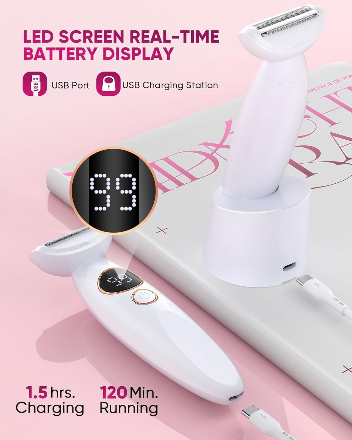 3 in 1 Bikini Trimmer for Women - Painless Electric Razor with Display | USB Charging, IPX7 Waterproof, White
