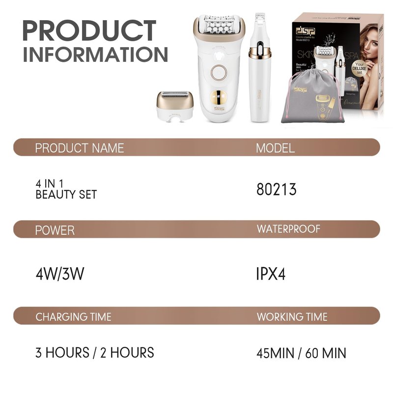 DSP 4-in-1 Women's Grooming Kit: Electric Shaver & Trimmer, Gentle Epilator Head, Fast Charging, with Accessories - Ideal for Home & Travel