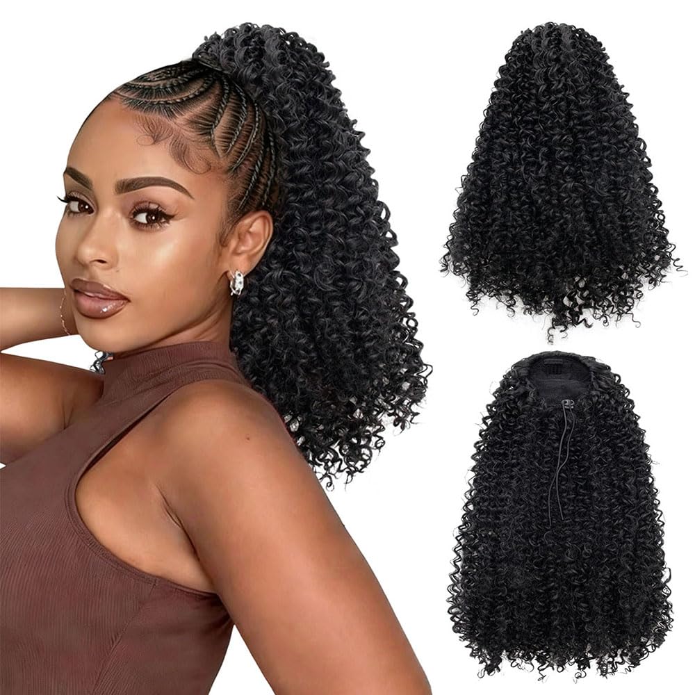 Drawstring Ponytail Extension - 14-Inch Short Afro Kinky Curly Hairpiece | Fluffy Synthetic Ponytail for Women