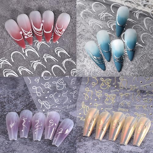 WEIXIWUYU French Line Nail Stickers 8 Sheets Metallic Self-Adhesive Nail Art for Women & Girls - French Lines