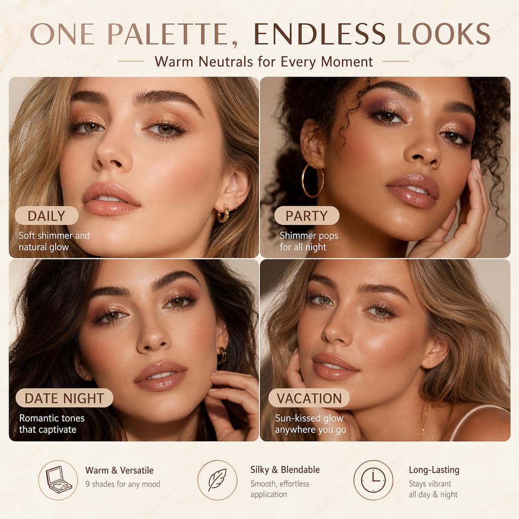 Multifunctional Makeup Palette - 6 Eyeshadows & 3 Face Powders, Neutral Shades | Cruelty-Free, Inspired by Tuscan Elegance