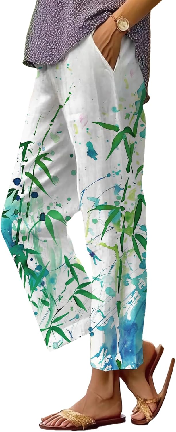 Women's Boho Floral Wide Leg Capris - Elastic Waist, Loose Fit Beach Pants | Casual Summer Trousers
