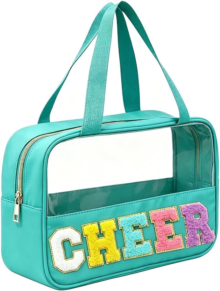 Cheer Makeup Bag - Waterproof Nylon Cosmetic Organizer with Handle | Clear Chenille Letter Patch for Cheerleaders