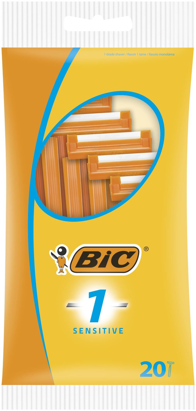 BIC 1 Sensitive, Single Disposable Razor Blade for Men, Designed for a Comfortable, Sensitive Shave, Pack of 20