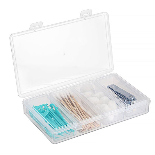 Hipiwe Plastic Cotton Swab Holder for Travel 4 in 1 Compact Cleaning Organizer for Hair Rope Paperclip Clear Dental Floss Sticks Case with Lid Small Travel Container Hair Tie Storage Box