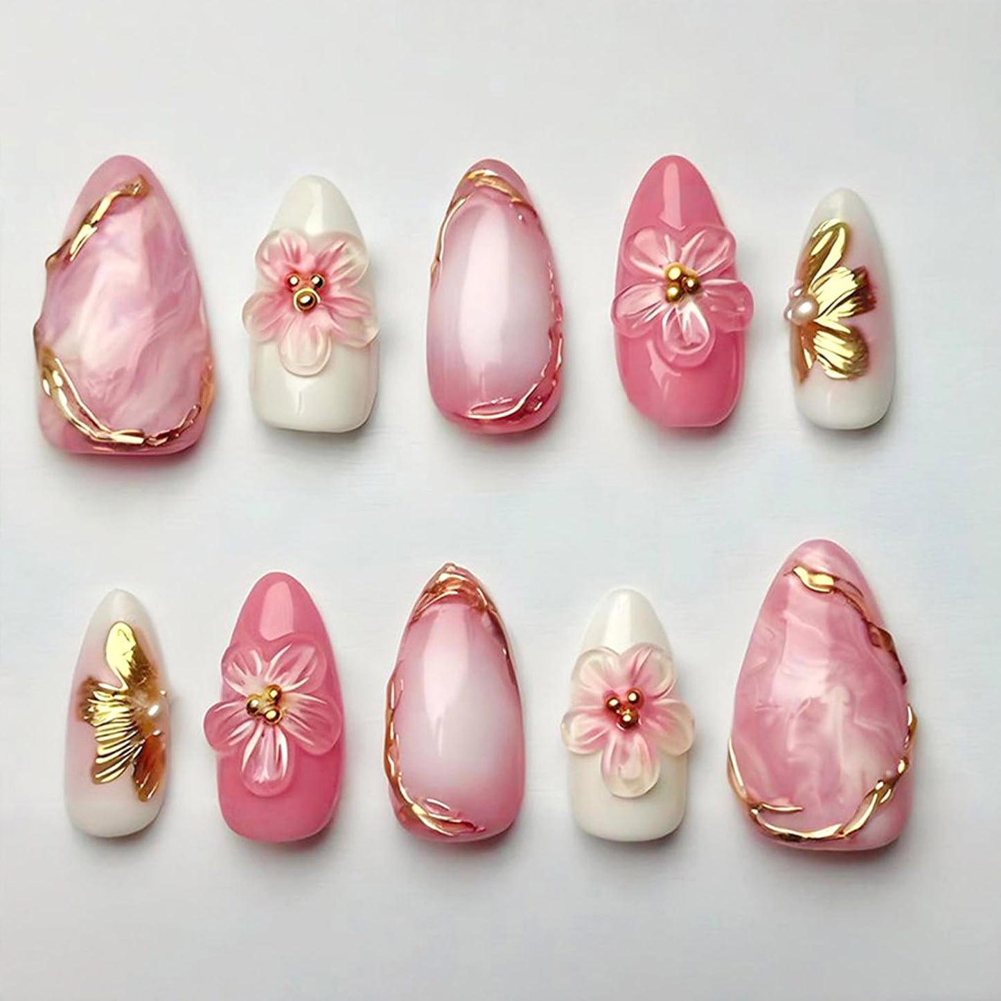 Press-On Nails - 24Pcs Medium Almond Fake Nails with Lotus & Lucky Koi Design | Glossy Full Cover for Spring/Summer DIY Manicure