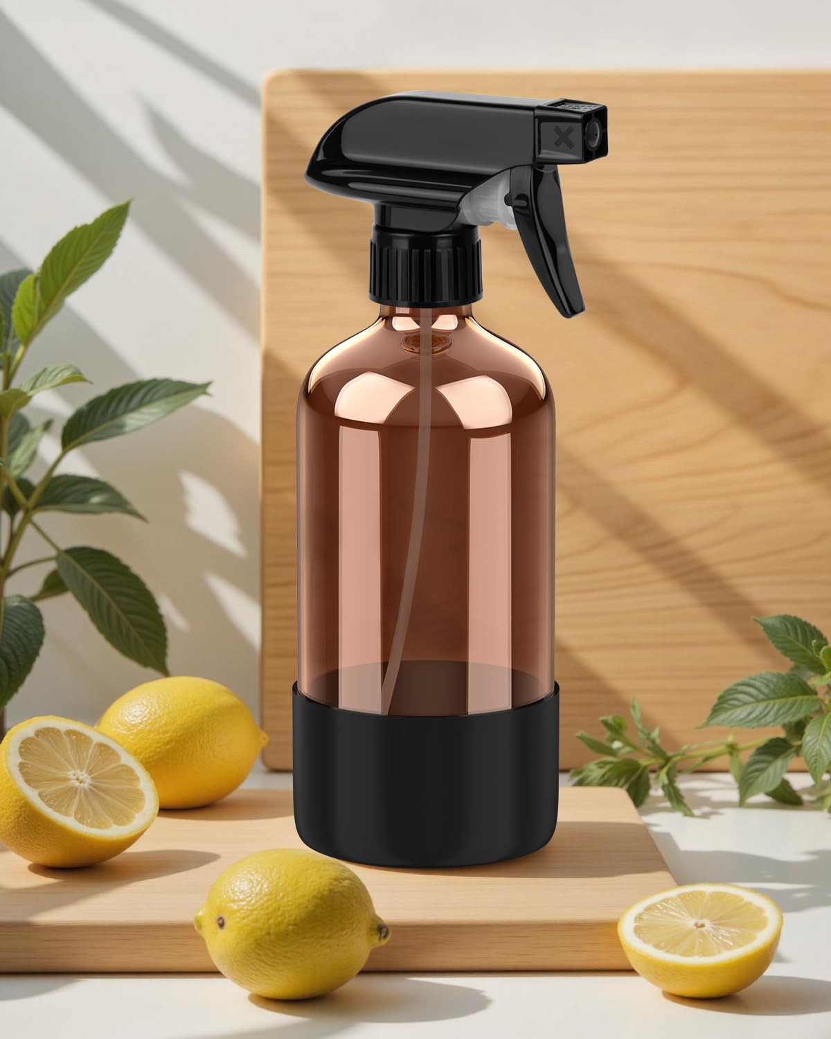 Bontip Amber Glass Spray Bottle with Silicone Sleeve Protection, 16 oz Refillable Spray Bottles for Cleaning Solutions, Plants, Aromatherapy, Facial Hydration (1, Black, 16 oz)
