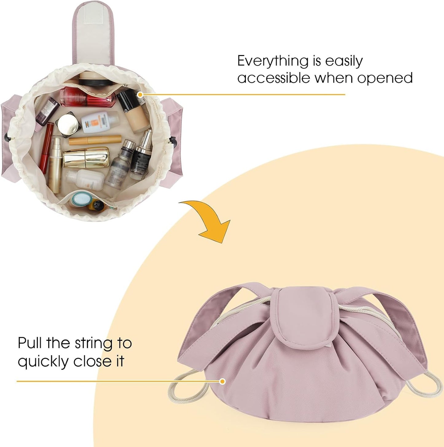 Large Pink Barrel Drawstring Makeup Bag - Stylish Cosmetic Organizer for Toiletries | Dusty Rose Color