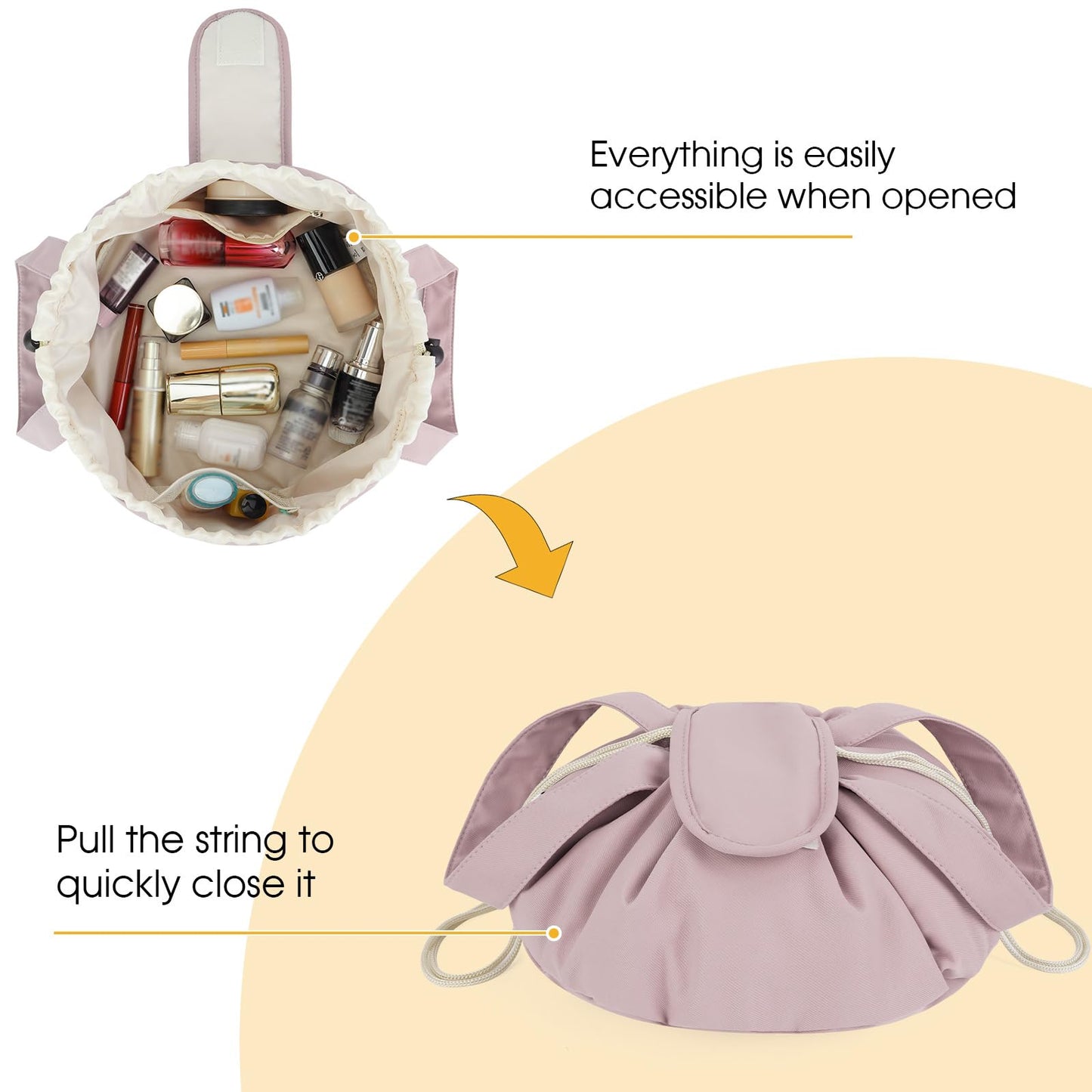 Narwey Barrel Drawstring Makeup Bag Pink Large Cosmetic Bag Make up Bags Toiletry Bag Travel Bags for Toiletries Organizer for Women Gift for Teen Girls (Dusty Rose) (Patent)