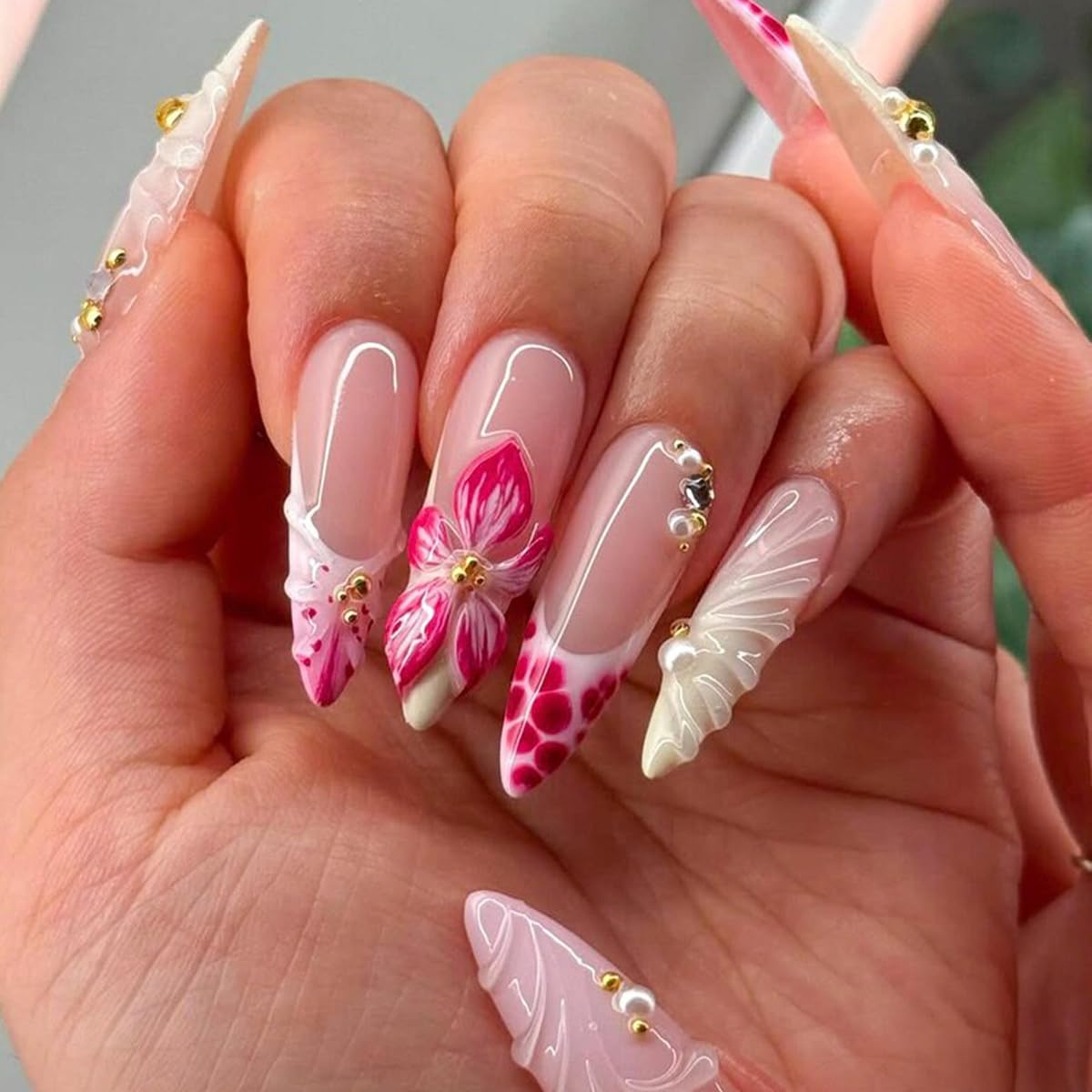 French Tip Almond Press-On Nails - Cat's Eye Acrylic with 3D Charms | 24 Pcs Set