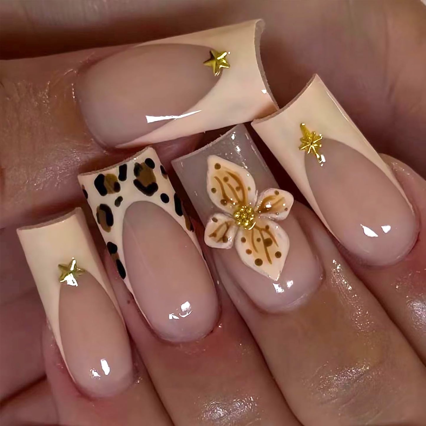 3D Flower Press-On Nails - Medium Square Pink French Tip with Star Rhinestones | Full Cover Artificial Nails for Women