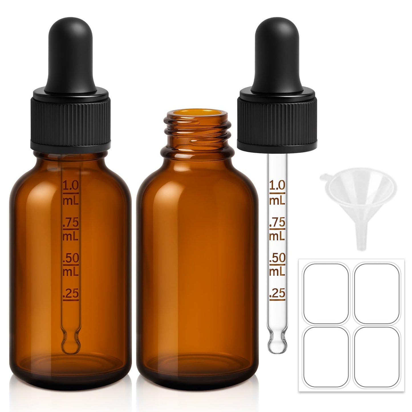 2 Pack Amber Dropper Bottle 1 oz with Calibrated Dropper, Labels, Funnel