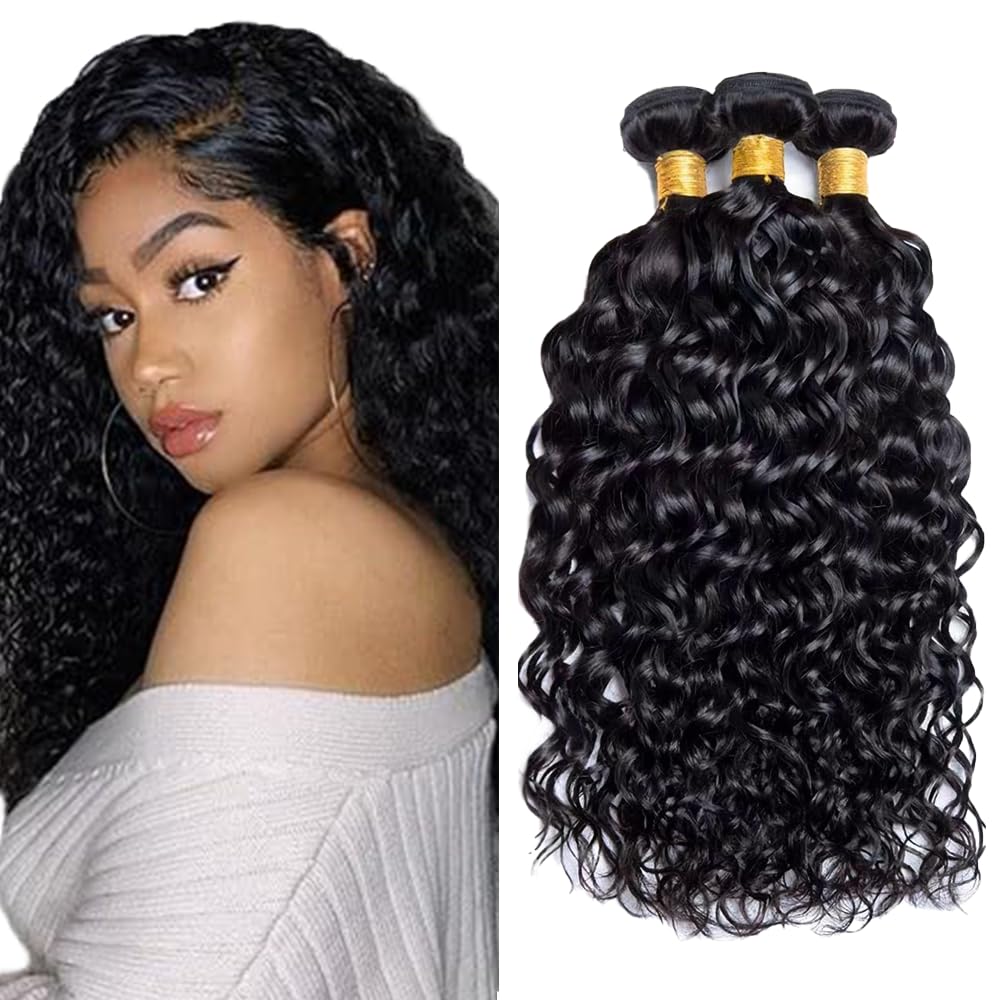 GveoXvo Water Wave Human Hair Bundles Water Wave Bundles Human Hair 14 16 18 Inch Unprocessed Virgin Double Weft Black Bundle Hair Extensions