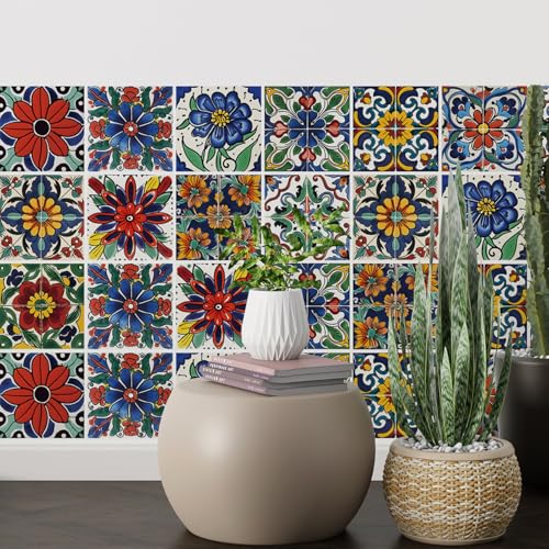 30 Pcs Waterproof Peel and Stick Wall Tile Decals - Spanish Floral 4x4 Inch