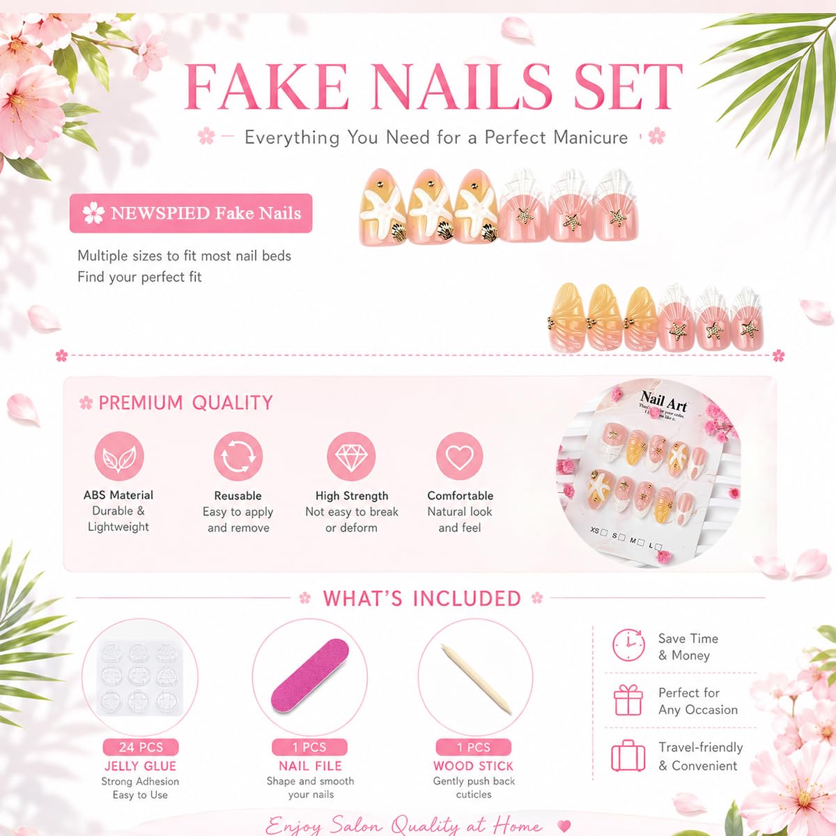 NEWSPIED 30 Pcs Handmade Press On Nails Short Almond Summer Beach Fake Nails with 3D Flower & Gold Starfish Shell Charms Design Glossy Nude Pink Acrylic Nails Reusable Glue On Nails Kit for Women DIY