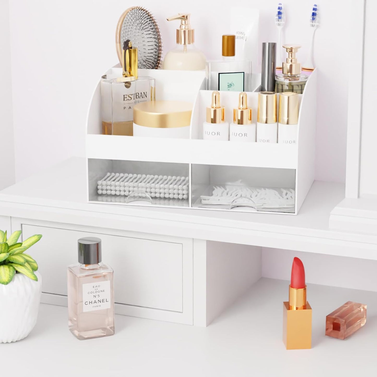 Makeup Organizer - Cosmetic Storage with Drawers for Vanity & Bathroom | White Beauty Holder for Lipstick & Brushes