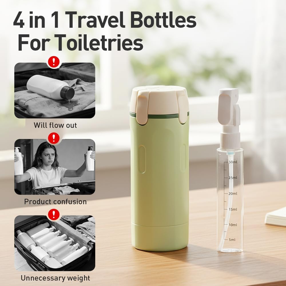 Travel Toiletry Dispenser Set - 4 in 1 Refillable 30ML Travel Bottles for Shampoo & More | Green