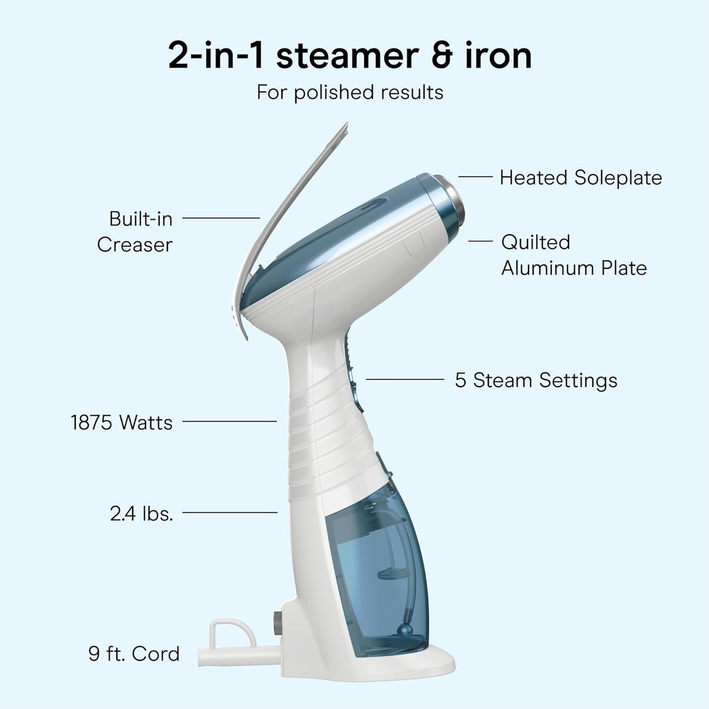 Conair Handheld Garment Steamer - Turbo ExtremeSteam 1875W | Portable Blue Fabric Steamer for Clothes