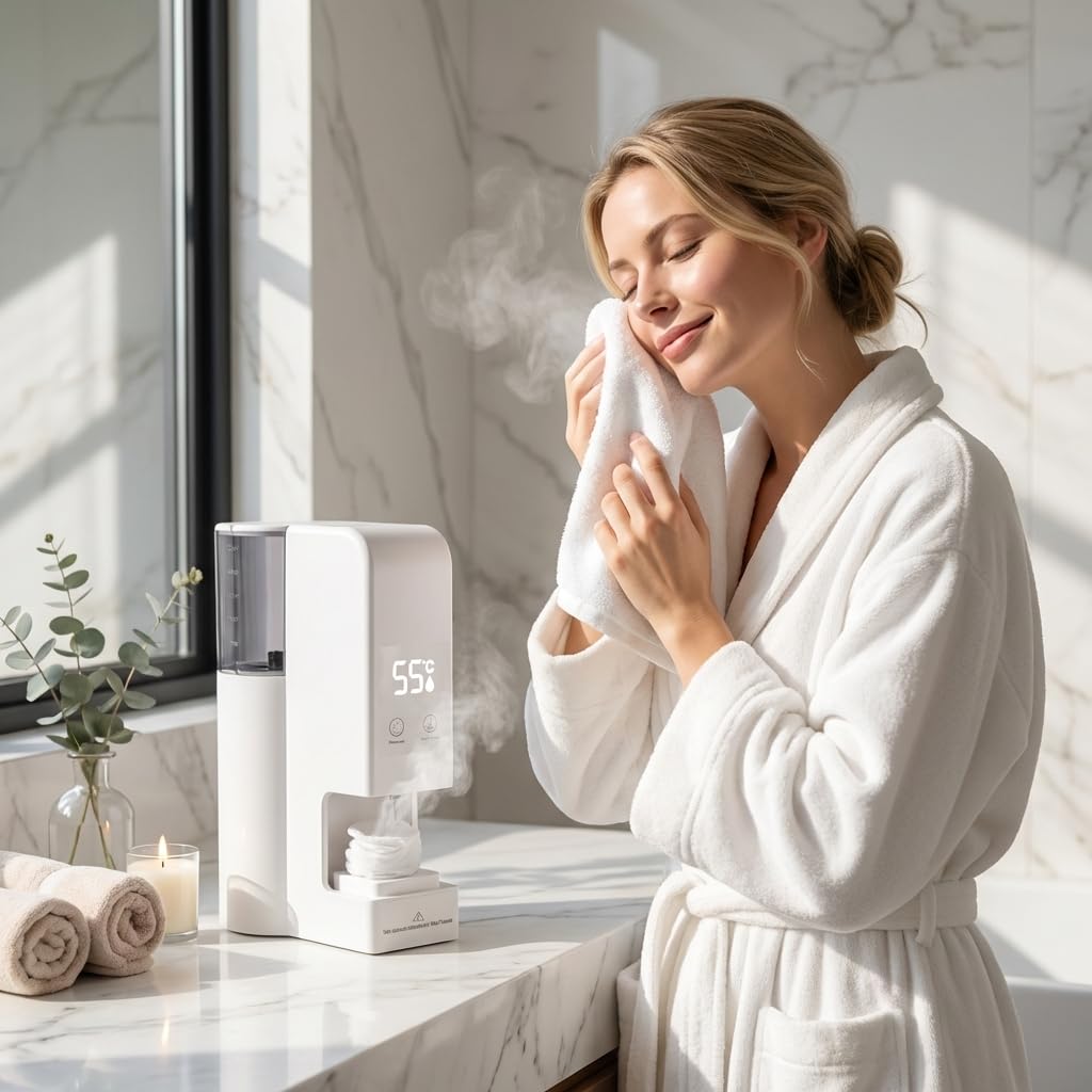 Automatic Hot Towel Dispenser, Hot Face Towel Dispenser, 131 °F Adjustable Constant Temperature, Disposable Towel Heating Machine, Smart Voice Alerts for Bathrooms, and Homes (White)