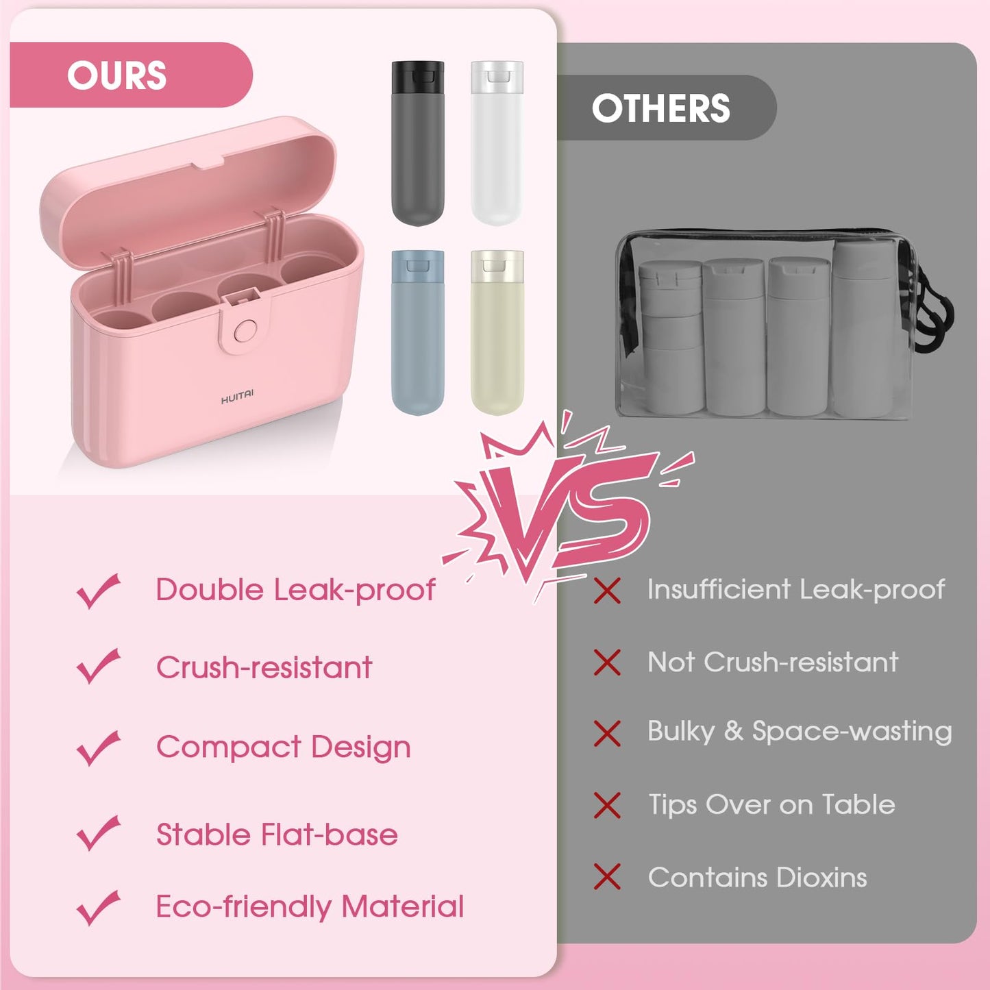 HUITAI Travel Bottles with Case, 4x2oz TSA Approved, Leak-Proof, Press to Unlock, Compact & Portable Travel Toiletries (Pink)