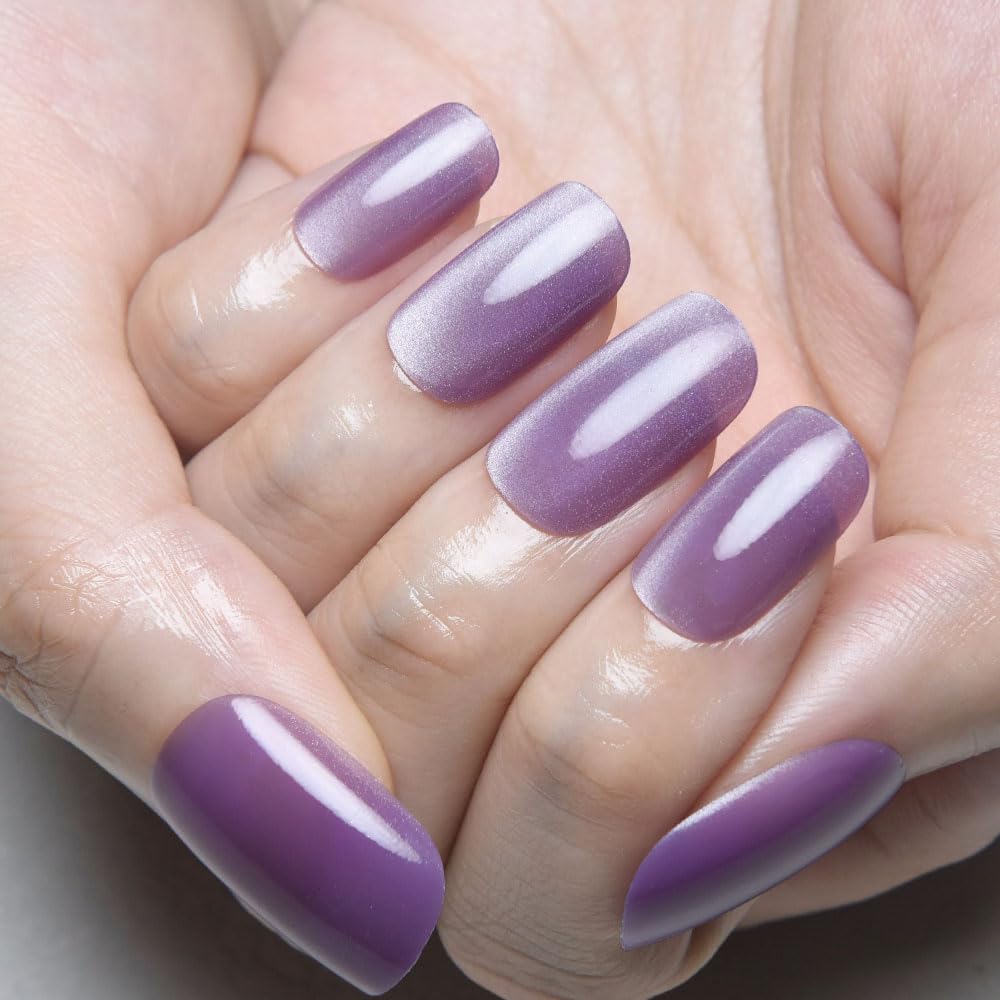 Cat Eye Press-On Nails - Lavender Purple Medium Square | Reusable Gel Acrylic with Holographic Glitter