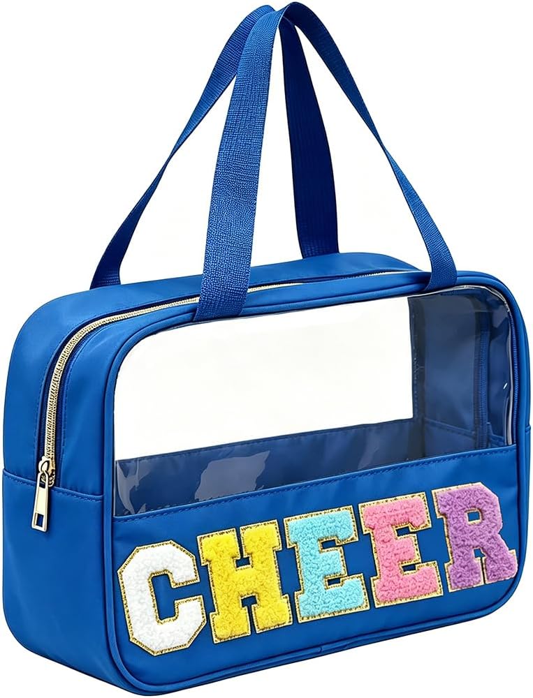 Cheer Makeup Bag - Waterproof Nylon Cosmetic Organizer with Handle | Clear Chenille Letter Patch for Cheerleaders