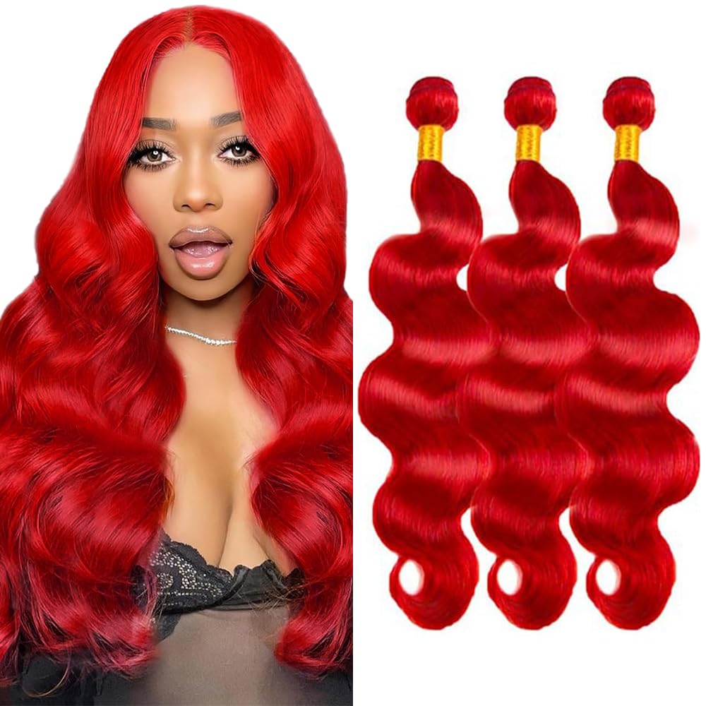 GveoXvo Red Bundles Human Hair Red Body Wave Bundles 24 26 28 Inch Unprocessed Virgin Double Weft Burgundy Bundle Hair Extensions