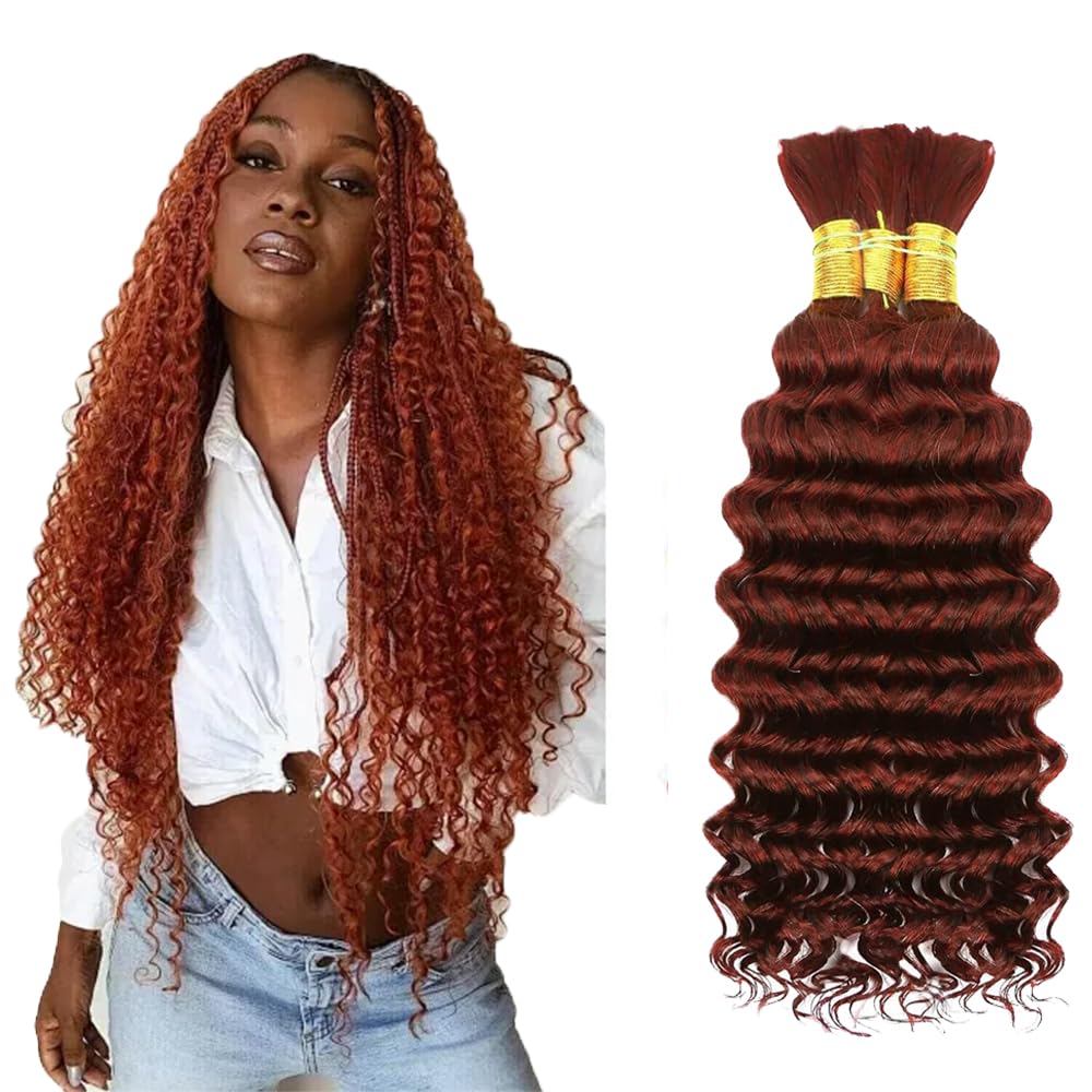 #33 Light Brown Human Hair Braiding Hair For Boho Braids 24 24 24 Inch Brown Deep Wave Bulk Human Hair Unprocessed Brazilian Virgin Hair 3 Bundle 50 Gram Per Bundle No Weft Extensions