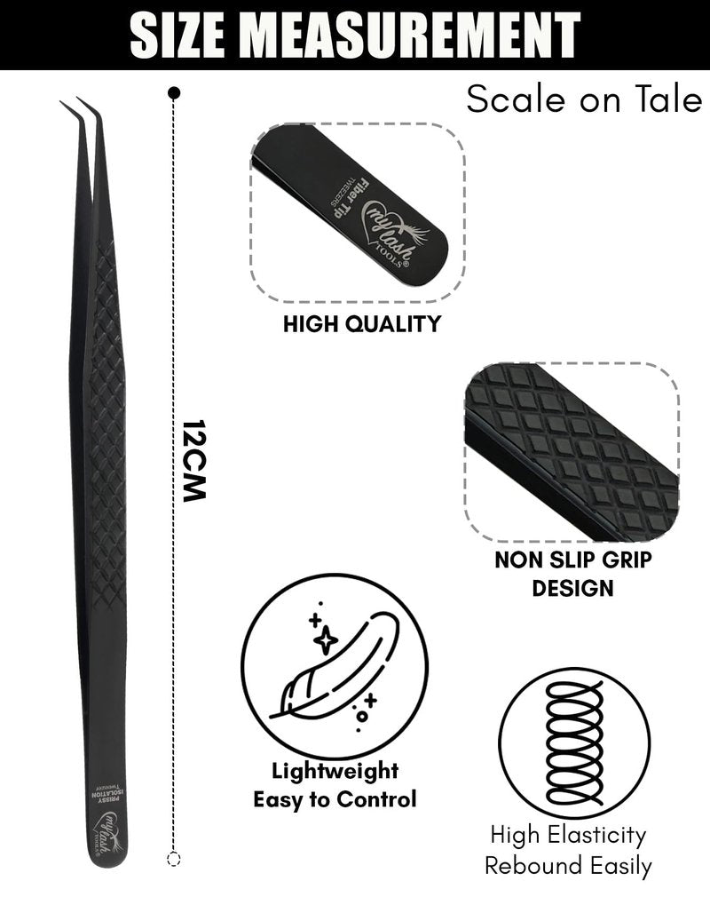 CEC isolation tweezers eyelash extensions Curved Degree Tweezers for Isolation Lash Extensions 14cm Best for Individual Isolation & Classic Lashes Japanese Stainless Steel Eyelash Twisers (Black)