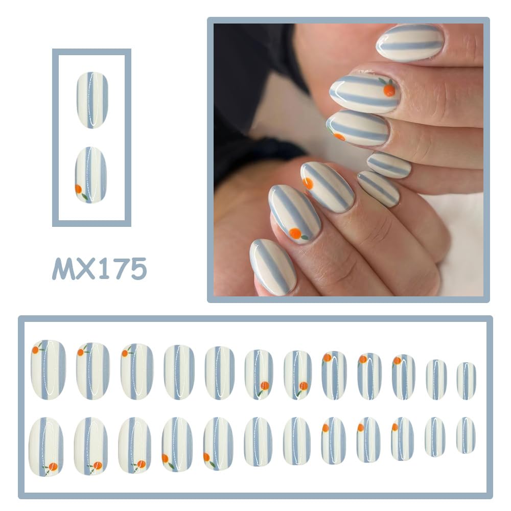 Medium Oval Press-On Nails - Glossy Summer Designs | Cute Orange, Reusable Full Cover Nails, 24 Pcs