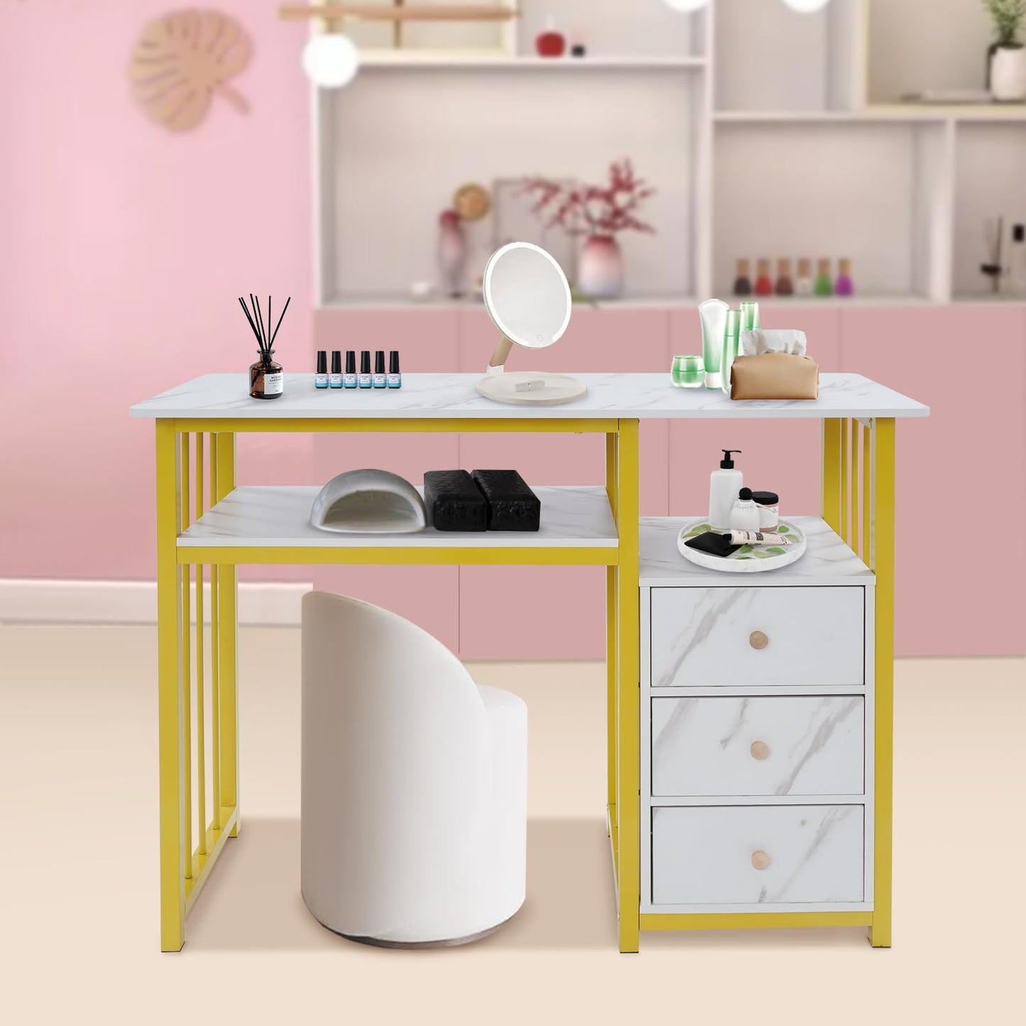 Mahugde Professional Fashionable Nail Desk, Marbling Texture Manicure Desk with 3 Drawers Nail Technician Workstation Manicure Table for Office Nail Salon Beauty Salon (39.37 * 15.75 * 29.92in)