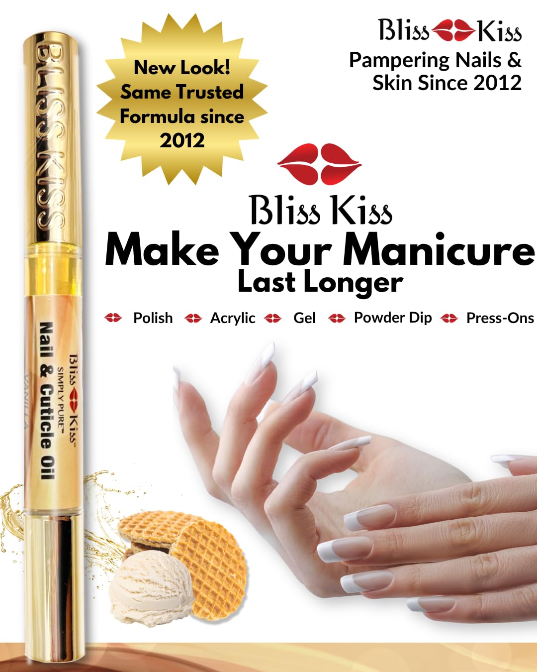 Bliss Kiss | 1 Vanilla Fragrance | Nail Oil Cuticle Pen w/Vitamin E & Jojoba⏤Nail Strengthener Nail Growth Serum for Brittle Peeling Breaking Thin Nails