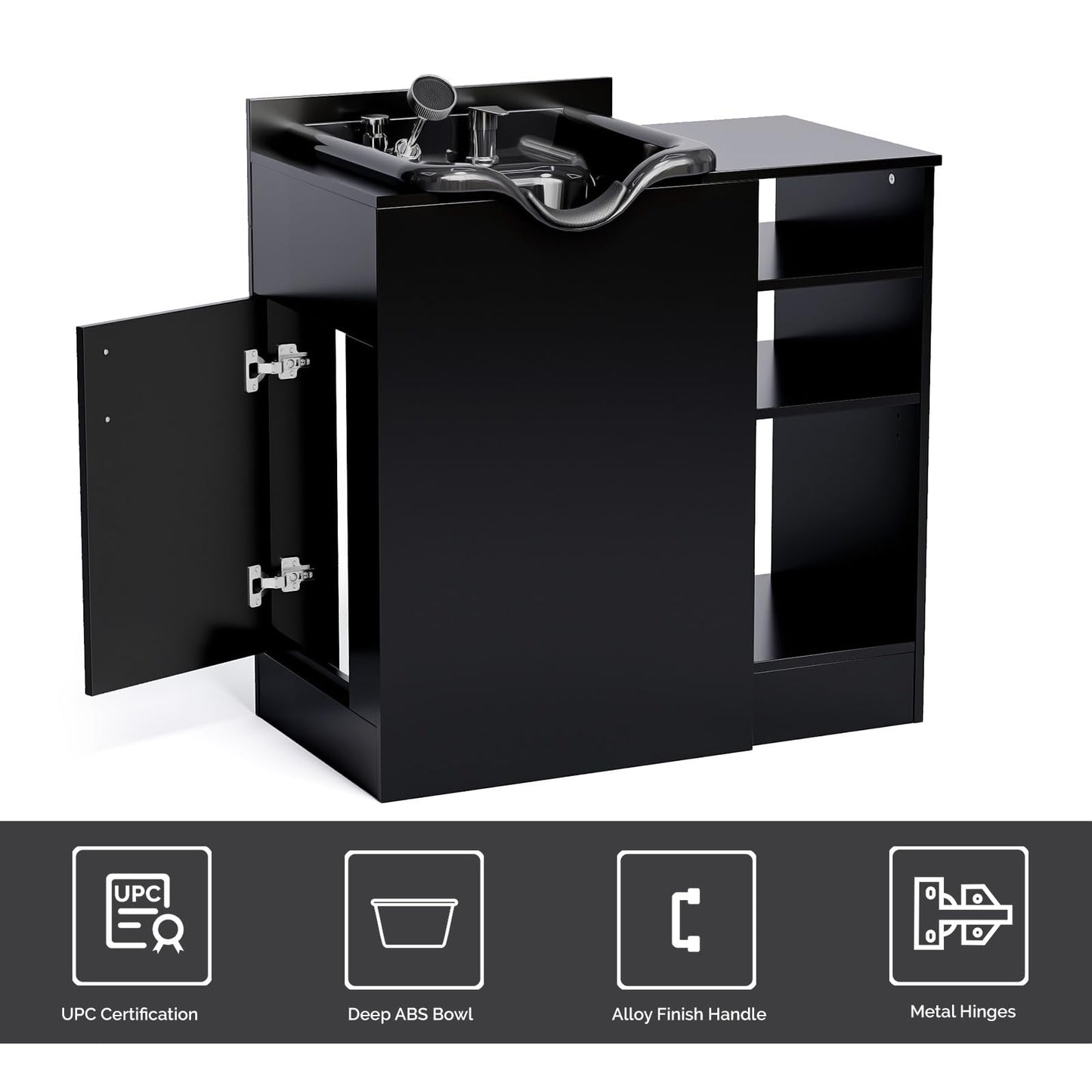 OmySalon Shampoo Bowl with Cabinet, Portable Salon Hair Washing Station with Adjustable Shelf, UPC Certified Faucet, Freestanding Backwash Sink for Barber, Beauty Salon, Spa