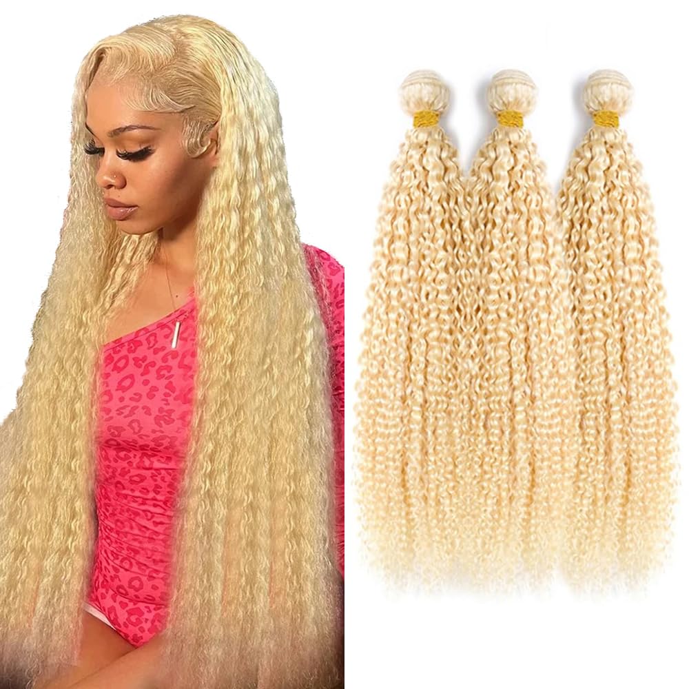 Freiuoke Blonde Human Hair Bundle 613 Kinky Curly Human Hair 3 Bundles 14 14 14 Inch Blonde Loose Wave Real Hair Extensions