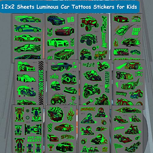 Glow in The Dark Race Car Tattoos for Kids – Waterproof & Removable, 24 Sheets