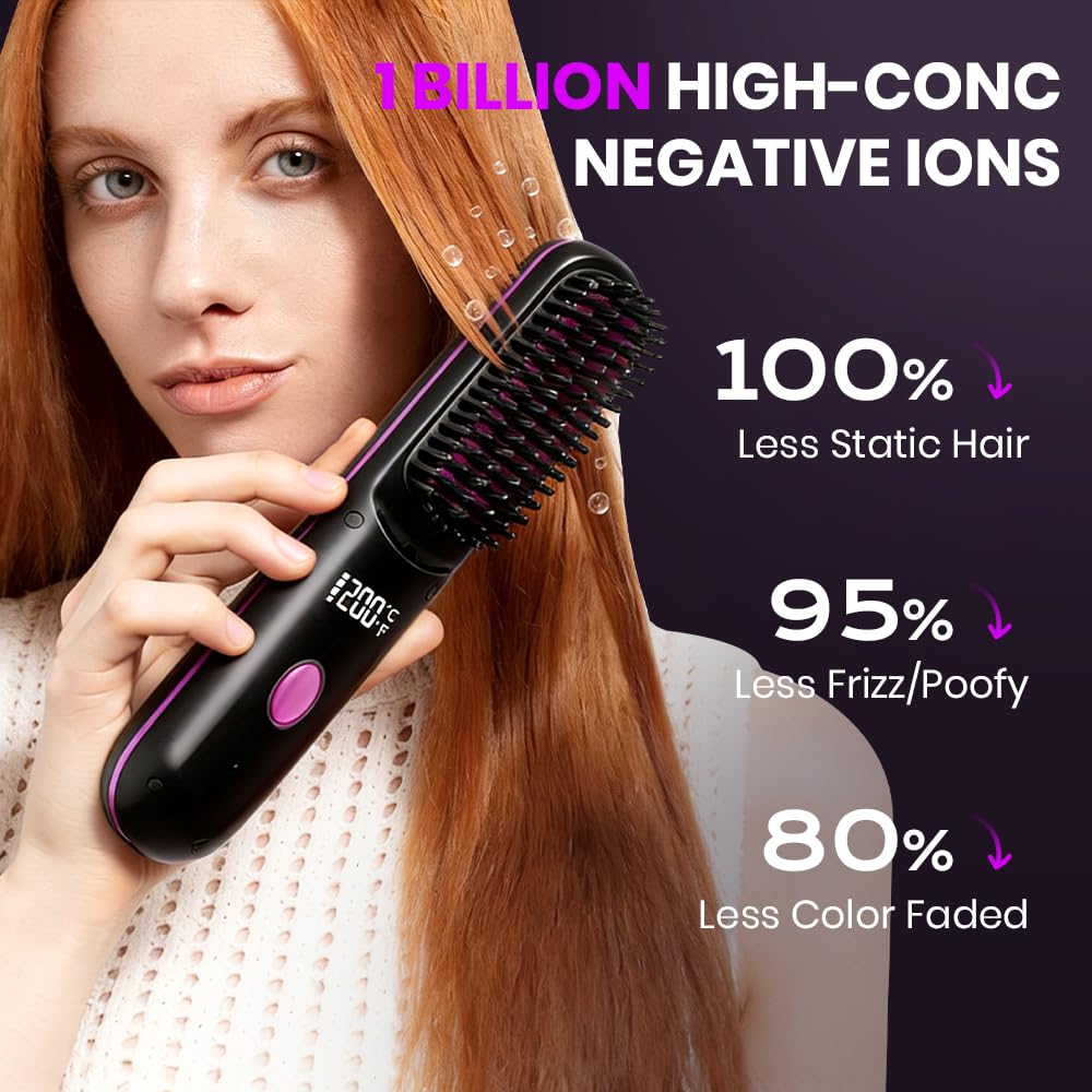 Spwejsr Cordless Straightening Brush, Rechargeable Cordless Hair Straightener with 3 Temp Settings, Ceramic Fast Heat, Includes Pointed Comb and 2 Clips for Travel (White)