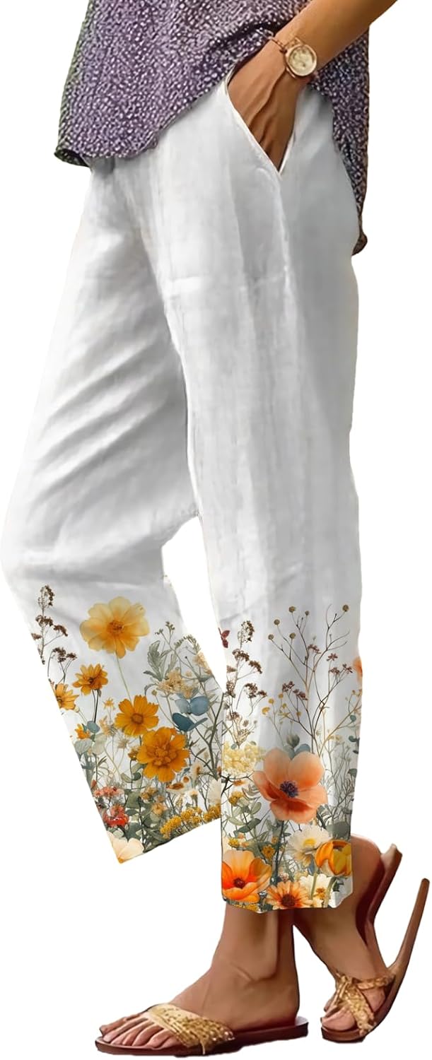 Women's Boho Floral Wide Leg Capris - Elastic Waist, Loose Fit Beach Pants | Casual Summer Trousers