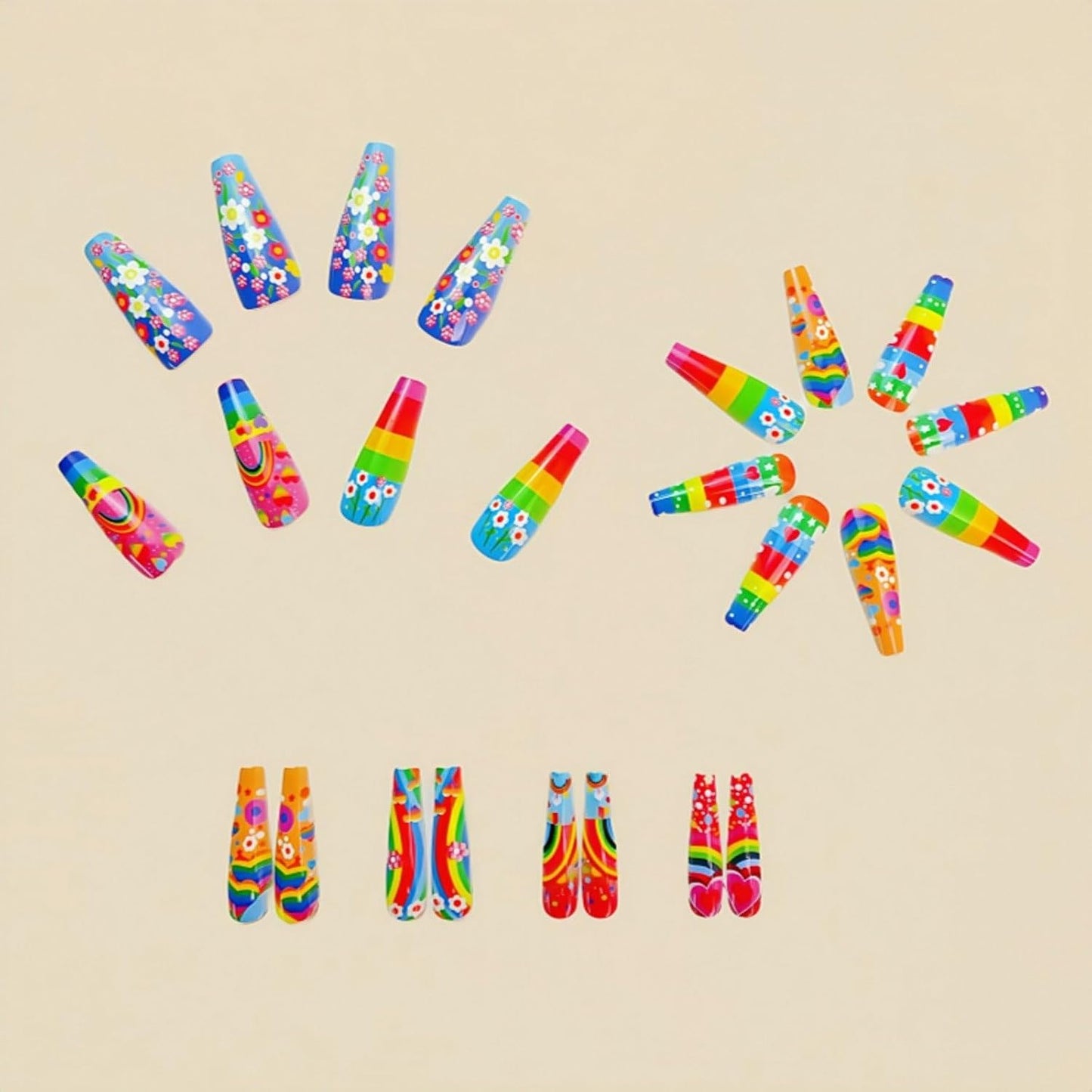 Colorful Press On Nails - Long Coffin Fake Nails with Rainbow Heart & Flower Design | Reusable Glossy Acrylic Nails for Women