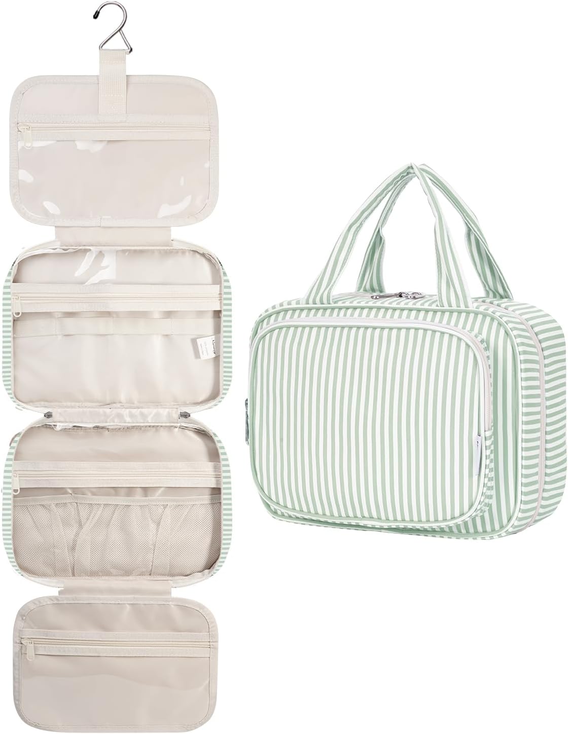 Striped Hanging Toiletry Bag for Women - Travel Makeup Organizer | Medium Dusty Pink Stripe