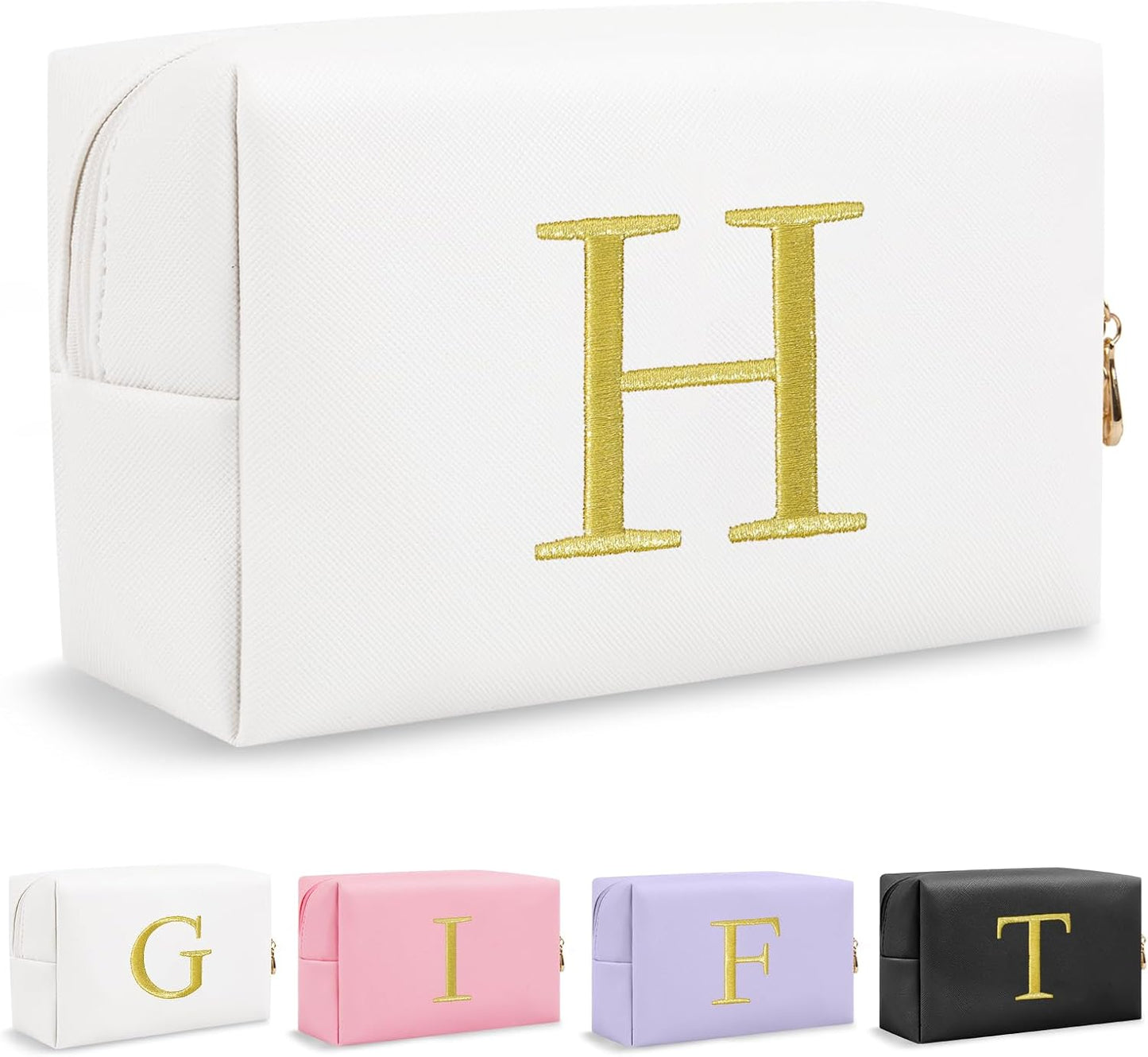 Personalized Initial Makeup Bag - Gold Embroidered Cosmetic Bag for Teens | Custom Travel Toiletry Bag (Black)
