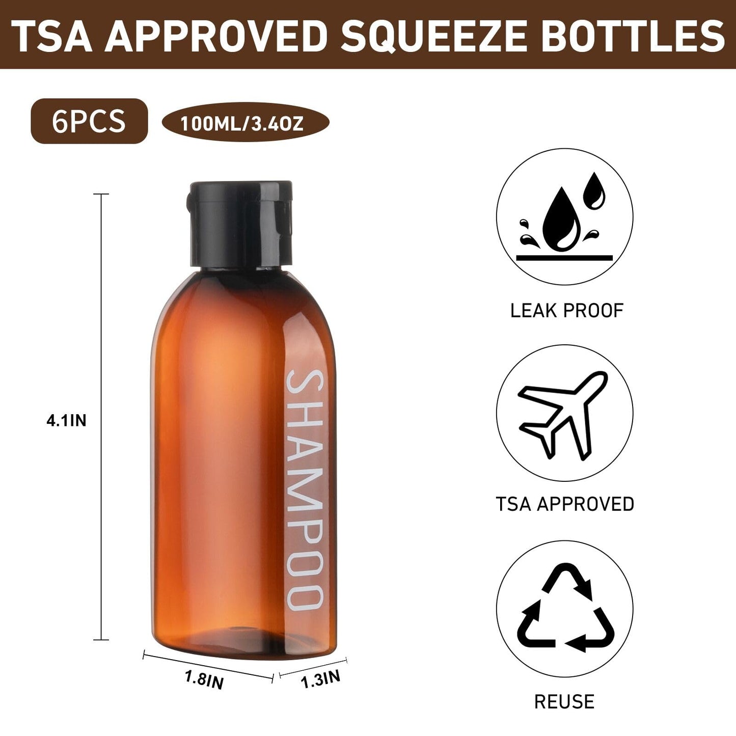 Travel Bottles for Toiletries 6 PCS 3.4oz/100ml Travel Size Containers Plastic Lotion Bottle TSA Approved Leak Proof Squeeze Bottles with Flip Cap for Toiletries, Shampoo & Lotion (Brown)
