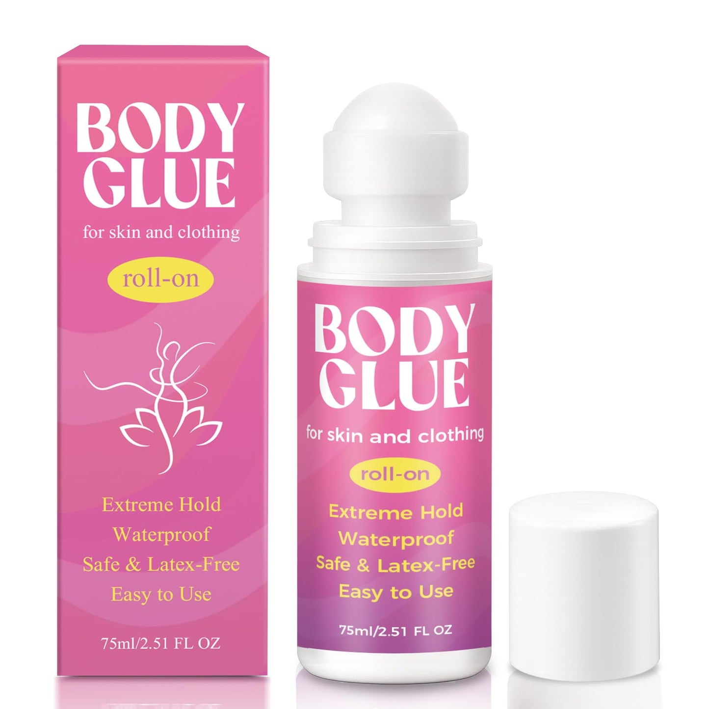 Body Glue for Clothes & Skin 2.54 Oz, Body Adhesive Roll-On, Water Wash Off Butt Glue, Sweat Resistant, Strong Fashion Glue for Dancers, Stagewear, Wigs, Bras, Socks& Costumes(75ml)