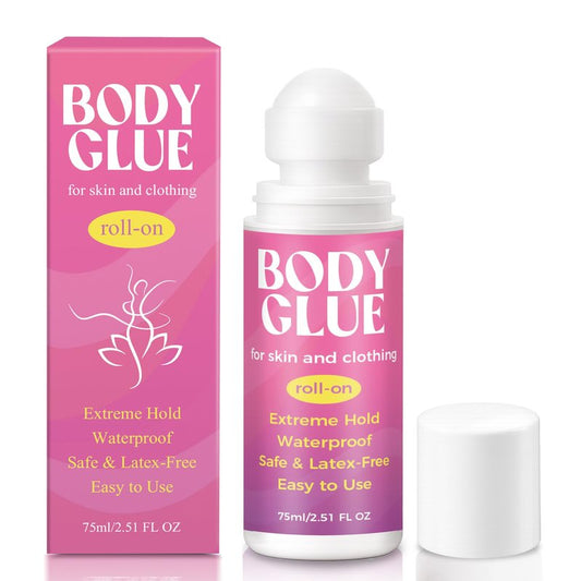 Body Glue for Clothes & Skin 2.54 Oz, Body Adhesive Roll-On, Water Wash Off Butt Glue, Sweat Resistant, Strong Fashion Glue for Dancers, Stagewear, Wigs, Bras, Socks& Costumes(75ml)