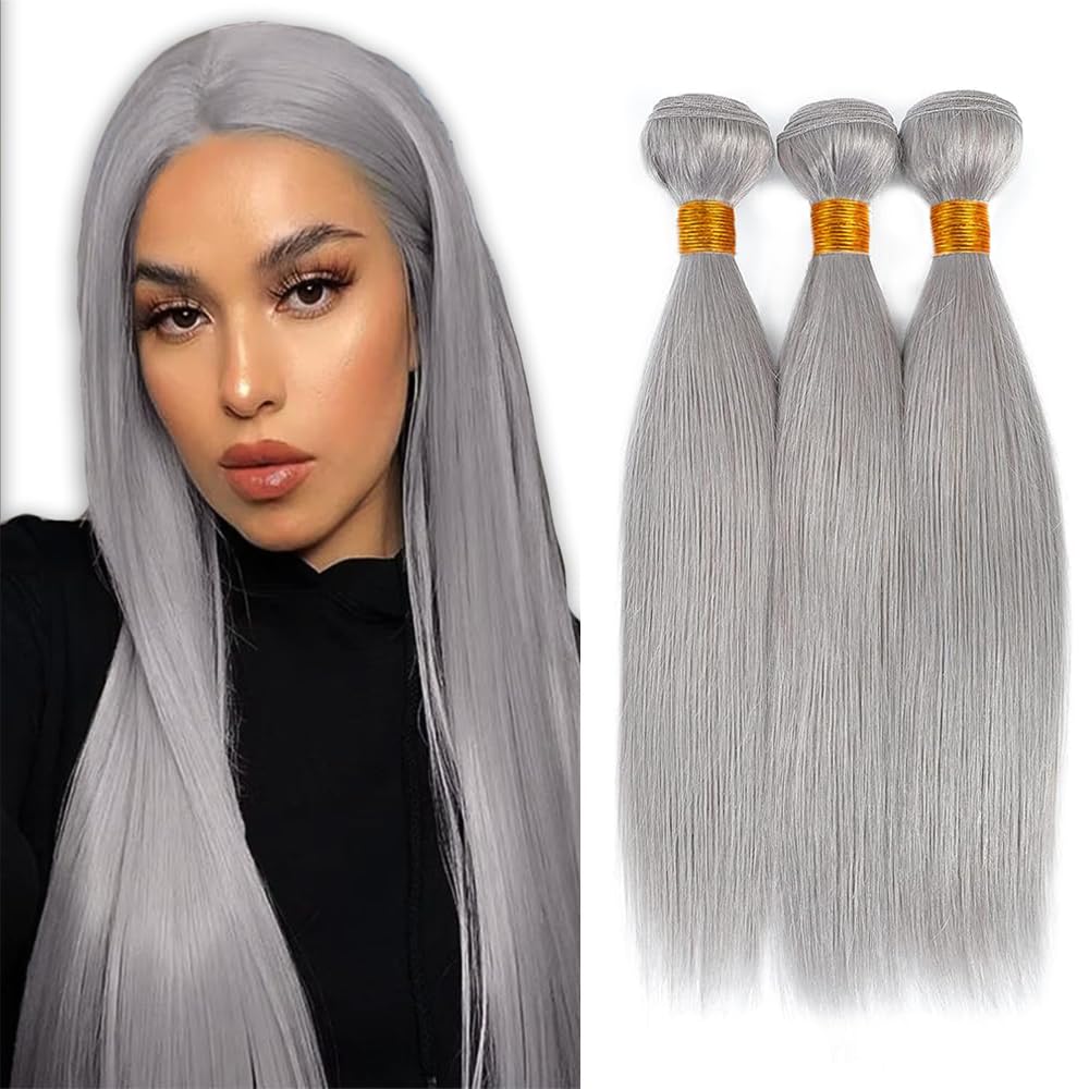 Gray Bundles Human Hair Silver Straight Bundle Brazilian Unprocessed Virgin Hair 3 Bundles 26 28 30 Inch Light Grey Bundle