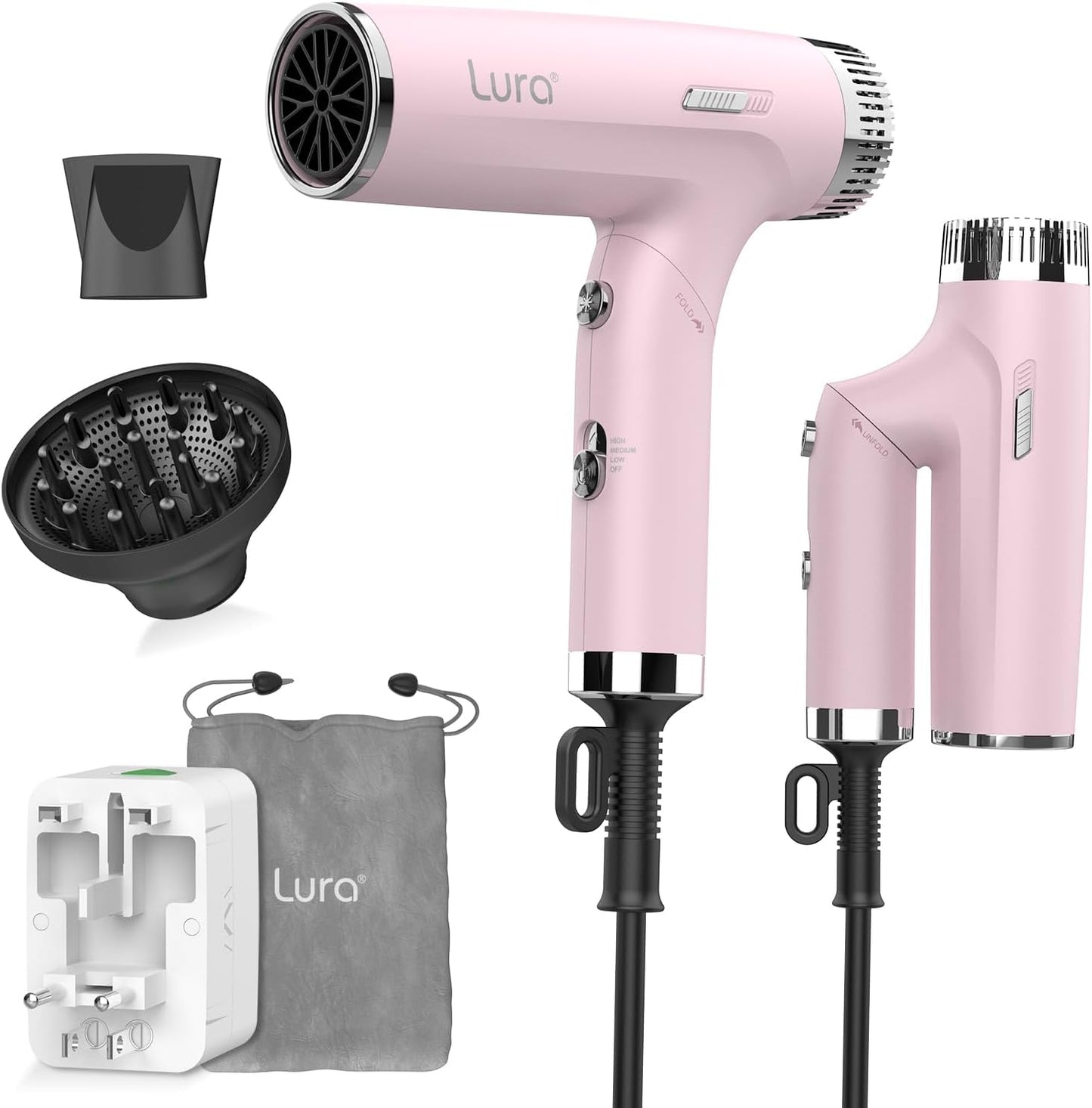 Dual Voltage Travel Hair Dryer - Compact & Lightweight Blow Dryer with Diffuser | Portable Mini Design for Women & Kids (Black)